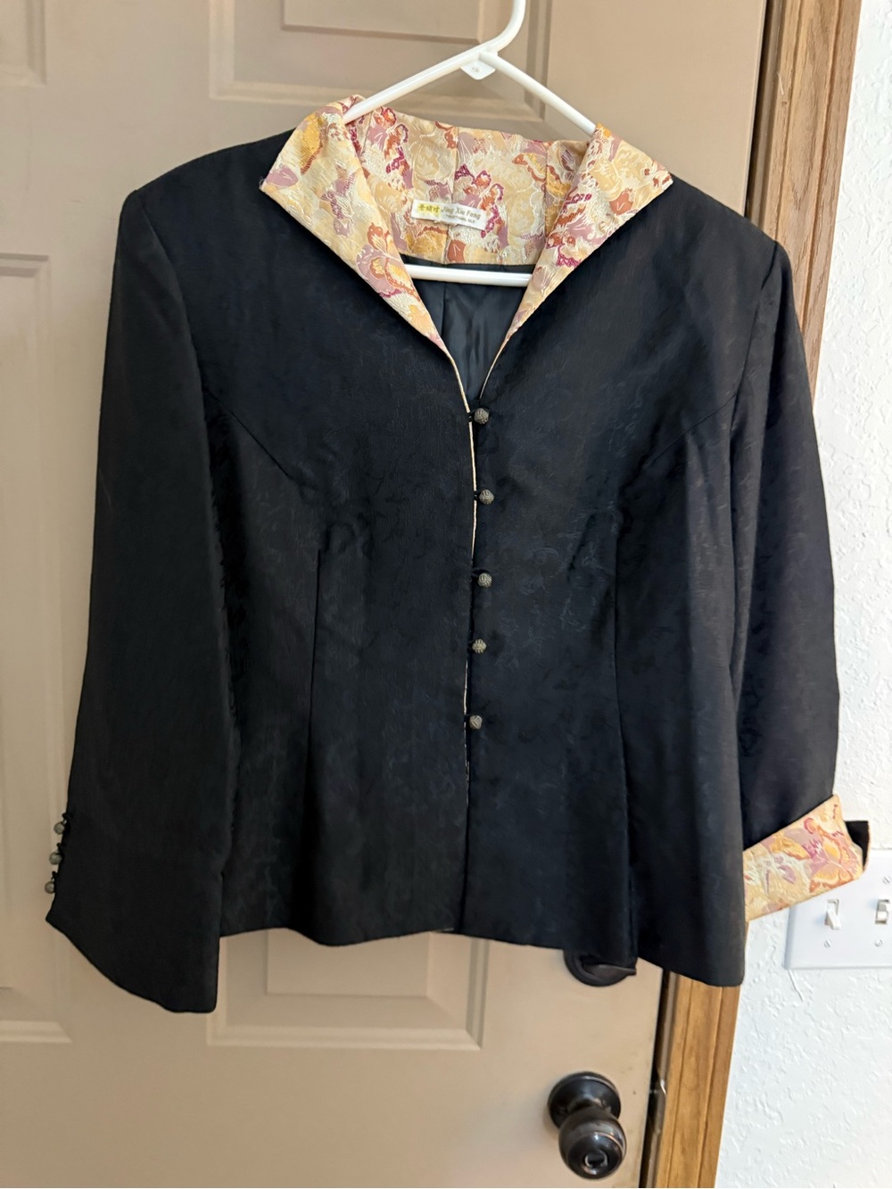 Black Brocade Jacket with Pink-Gold Floral Trim